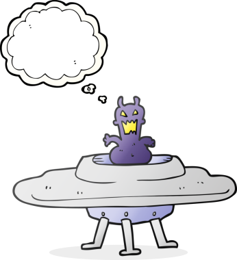 Serbest çizim düşünce baloncuğu çizgi film uzaylısı bir insan tarafından çizilmiş bir uçan daire.