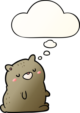 Bir insan tarafından çizilmiş yumuşak eğimli düşünce baloncuklu çizgi film ayısı.