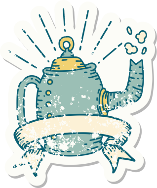 Dövme stili eski bir çıkartma. Bir insan tarafından çizilmiş eski bir kahve demliği.