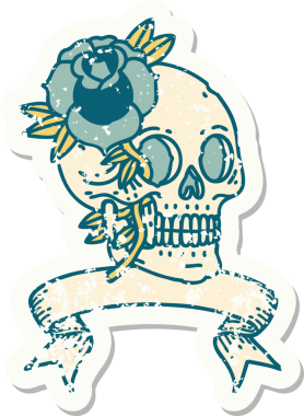 Bir insan tarafından çizilmiş kafatası ve gülü olan eski bir etiket.