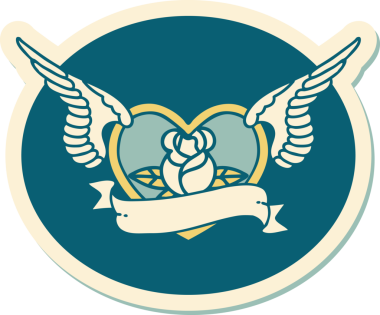 Geleneksel bir dövme stili. Uçan kalp. Çiçekler ve bir insan tarafından çizilmiş bayrak.