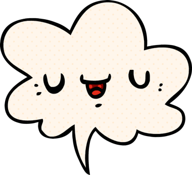 Bir insan tarafından çizilmiş çizgi roman tarzında konuşma baloncuğu olan mutlu bir çizgi film yüzü.