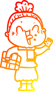 Bir insan tarafından çizilmiş mutlu, yaşlı bir kadının sıcak çizgi çizimi.