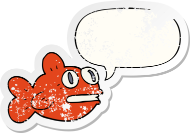 Konuşma baloncuğu olan çizgi film balıkları bir insan tarafından çizilmiş sıkıntılı eski bir çıkartma