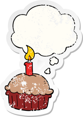 Düşünce baloncuklu çizgi film doğum günü keki bir insan tarafından çizilmiş yıpranmış bir çıkartma.