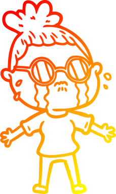 Bir insan tarafından çizilmiş gözlüklü, ağlayan bir kadının çizgi film çizimi.