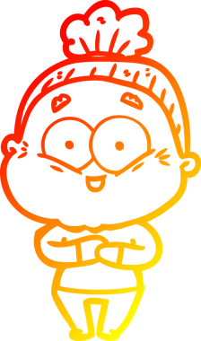 Bir insan tarafından çizilmiş mutlu, yaşlı bir kadının sıcak çizgi çizimi.