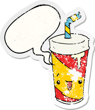 Konuşma baloncuklu karikatür bardağı bir insan tarafından çizilmiş sıkıntılı eski bir çıkartma