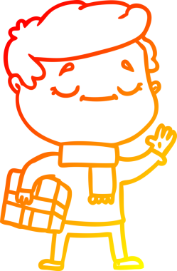 Bir insan tarafından çizilmiş bir el sallayarak Noel hediyesi taşıyan bir çizgi film karakterinin sıcak çizgi çizimi.