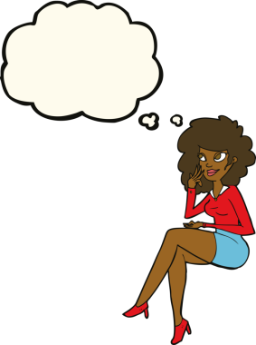 Bir insan tarafından çizilmiş düşünce balonuyla oturan bir ofis kadını.