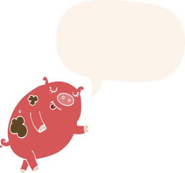 Bir insan tarafından çizilmiş, konuşma baloncuklu dans eden domuz.