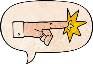 bir insan tarafından çizilmiş eski moda bir konuşma baloncuğuyla eli işaret eden çizgi film