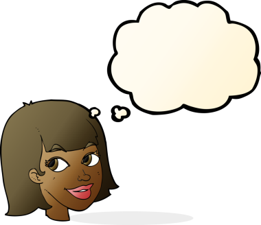 Bir insan tarafından çizilmiş düşünce baloncuklu mutlu kadın yüzü.