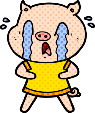 Bir insan tarafından çizilmiş insan kıyafetleri içinde ağlayan domuz çizgi filmi.