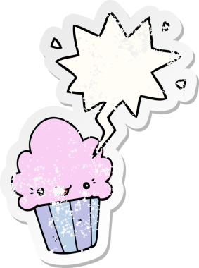 Yüzü konuşma baloncuğu olan çizgi film keki bir insan tarafından çizilmiş sıkıntılı eski bir çıkartma