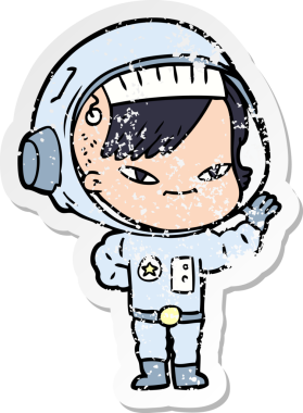 Bir insan tarafından çizilmiş karikatür astronot kadının sıkıntılı çıkartması.