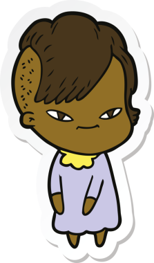 Hipster saç kesimi bir insan tarafından çizilmiş şirin bir çizgi film kızına ait etiket.