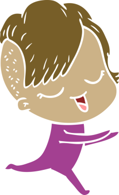 Bir insan tarafından çizilmiş mutlu düz renkli çizgi film kızı.