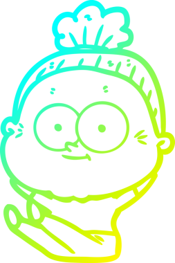 Bir insan tarafından çizilmiş, mutlu, yaşlı bir kadının çizimi.