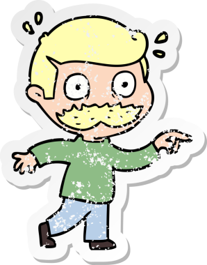 Bir insan tarafından çizilmiş bıyıklı bir çizgi film karakterinin sıkıntılı çıkartması.