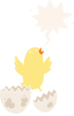 Yumurtadan fırlayan çizgi film kuşunun konuşma baloncuğu eski moda bir insan tarafından çizilmiş.