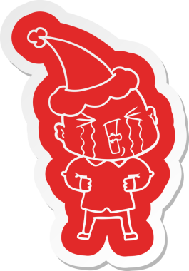 Bir insan tarafından çizilmiş Noel Baba şapkası giyen ağlayan kel bir adamın garip çizgi film etiketi.