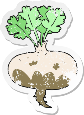 Bir insan tarafından çizilmiş çamurlu şalgam desenli karikatür çıkartması.