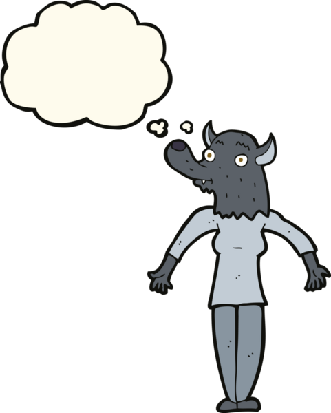 Bir insan tarafından çizilmiş düşünce balonu olan kurtadam kadın.