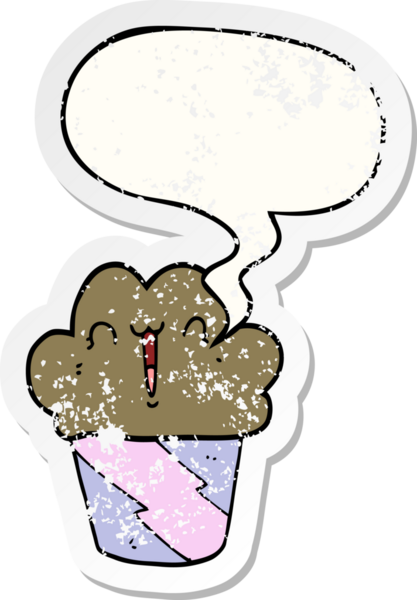 Yüzü konuşma baloncuğu olan çizgi film keki bir insan tarafından çizilmiş sıkıntılı eski bir çıkartma