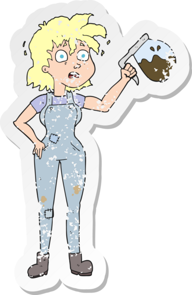 Bir insan tarafından çizilmiş çok fazla kahve karikatürünün gerilimli retro yapıştırması.