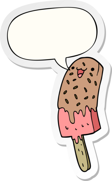 Tatlı çizgi film mutlu buz lolipoplu konuşma balonu çıkartmalı bir insan tarafından çizilmiş.