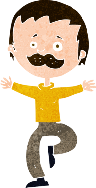 Bir insan tarafından çizilmiş bıyıklı çizgi film dansçısı.