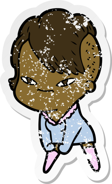 Hipster saç kesimi bir insan tarafından çizilmiş tatlı bir çizgi film kızına ait sıkıntılı bir etiket.