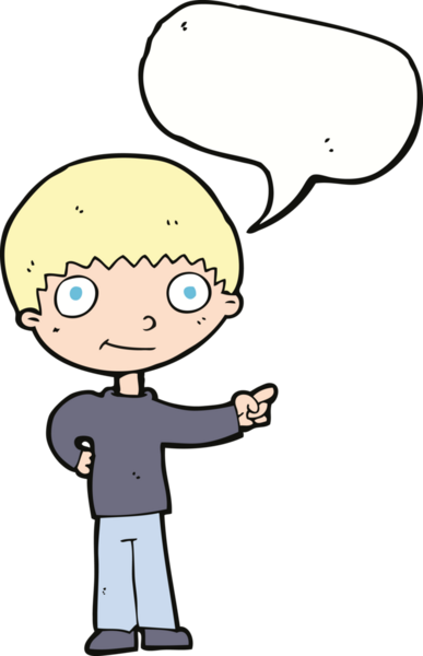 Bir insan tarafından çizilmiş konuşma balonuyla işaret eden mutlu çocuk çizgi filmi.