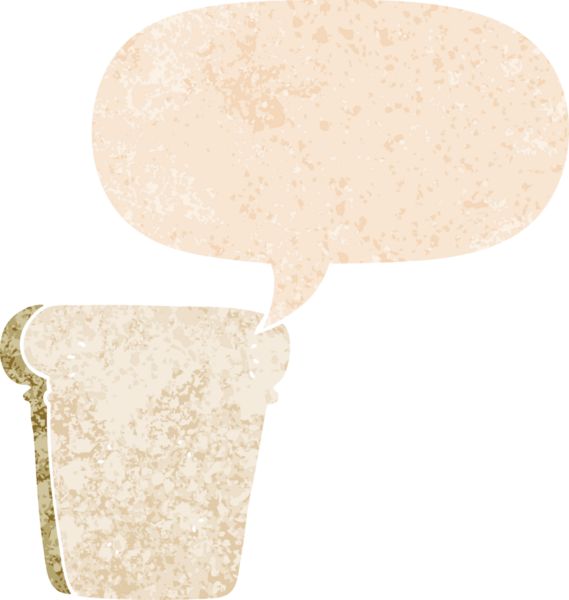 Bir insan tarafından çizilmiş, grunge dertli retro desenli konuşma baloncuklu bir ekmek dilimi.