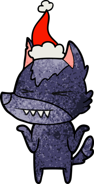 Kızgın kurt eli, bir insan tarafından çizilmiş Noel Baba şapkası giymiş bir karikatür çizmiş.