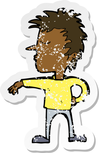 Bir insan tarafından çizilmiş kamp jesti yapan bir çizgi film karakterinin gerilimli retro yapıştırması.