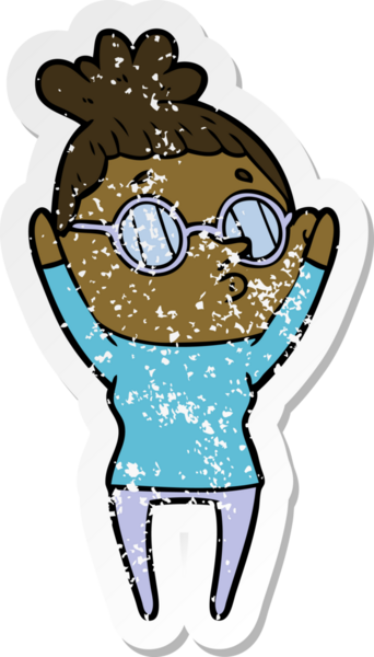 Bir insan tarafından çizilmiş gözlük takan karikatürlü bir kadının sıkıntılı çıkartması.