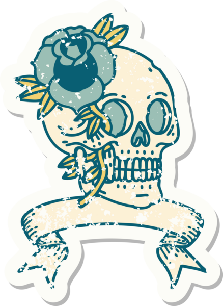 Bir insan tarafından çizilmiş kafatası ve gülü olan eski bir etiket.