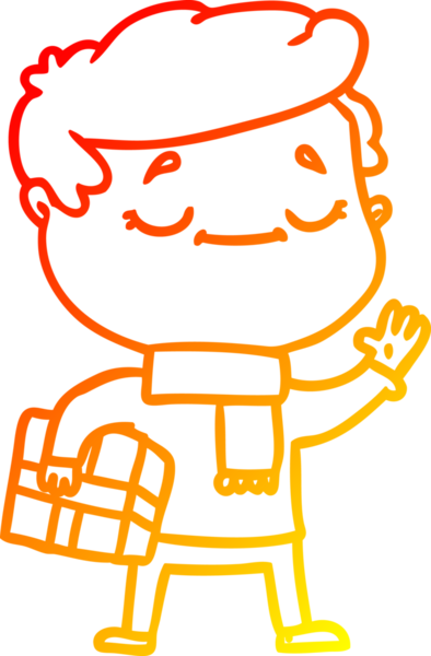 Bir insan tarafından çizilmiş bir el sallayarak Noel hediyesi taşıyan bir çizgi film karakterinin sıcak çizgi çizimi.