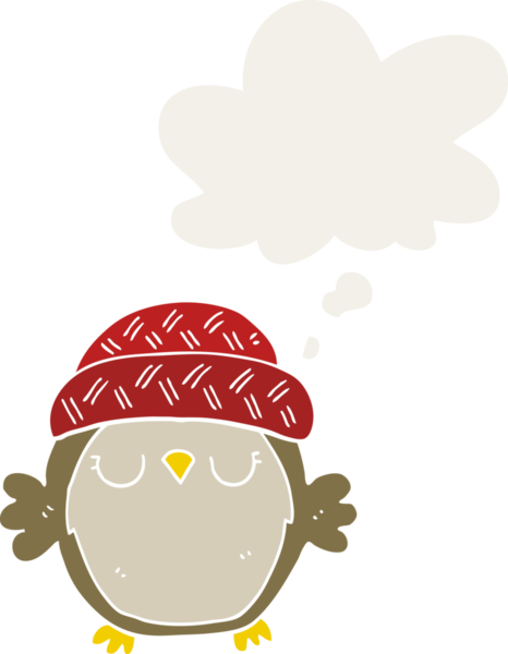 Şapkalı şirin bir baykuş. Düşünce baloncuğu insan tarafından çizilmiş.