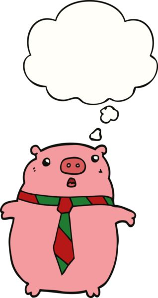 Bir insan tarafından çizilmiş düşünce balonlu ofis kravatlı bir domuz.