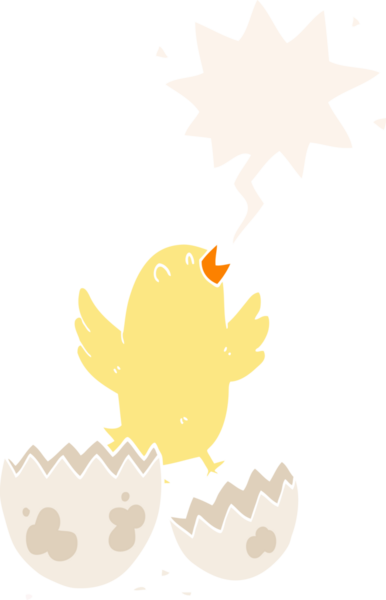 Yumurtadan fırlayan çizgi film kuşunun konuşma baloncuğu eski moda bir insan tarafından çizilmiş.