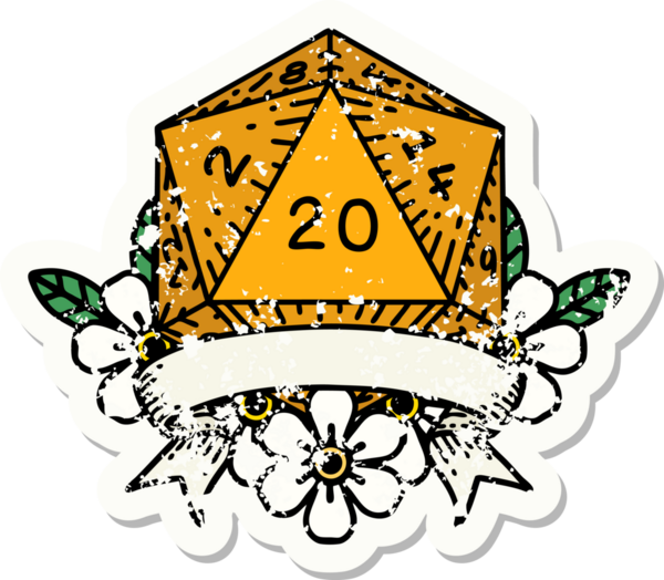 Bir insan tarafından çekilen 20 kritik vuruşluk D20 zar atımının grunge çıkartması.