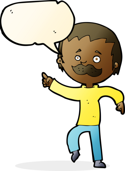 Çizgi filmdeki bıyıklı adam bir insan tarafından çizilmiş konuşma balonuyla işaret ediyor.