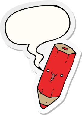 Bir insan tarafından çizilmiş konuşma kabarcığı çıkartmalı mutlu çizgi film kalemi