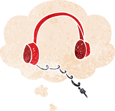 grunge içerisindeki düşünce baloncuklu çizgi film kulaklıkları bir insan tarafından çizilmiş rahatsız edilmiş retro dokuma tarzı.