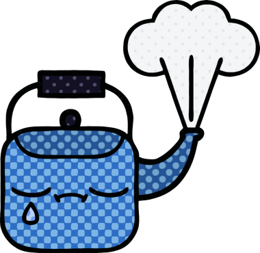 Bir insan tarafından çizilmiş dumanı tüten bir çaydanlığın çizgi romanı.