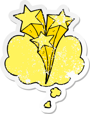 Düşünce baloncuğuyla kayan çizgi film yıldızları bir insan tarafından çizilmiş yıpranmış bir çıkartma gibi.