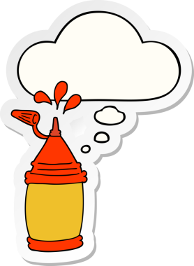 Düşünce baloncuklu ketçap şişesi insan tarafından çizilmiş bir çıkartma.